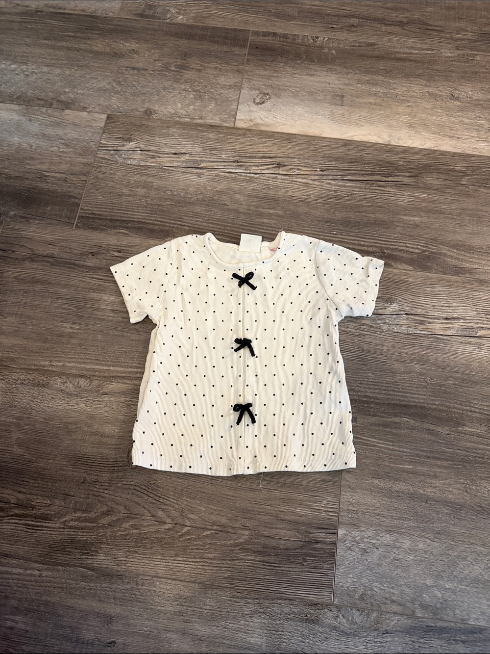 Zara Girls' Cream Short-Sleeve Polka Dot Top with Black Bows